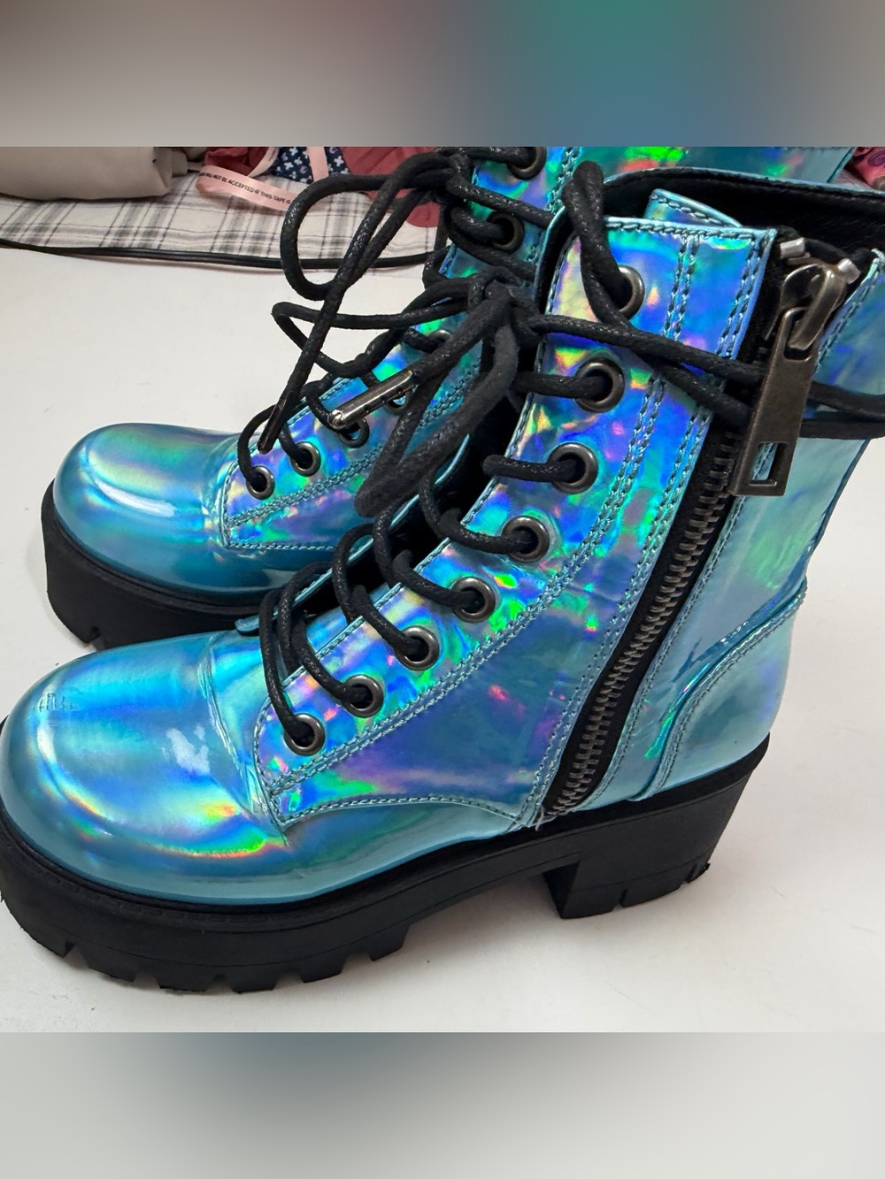 Current Mood Blue Metallic Holographic Walking On Water Platform Combat Boots 7 - Picture 6 of 16